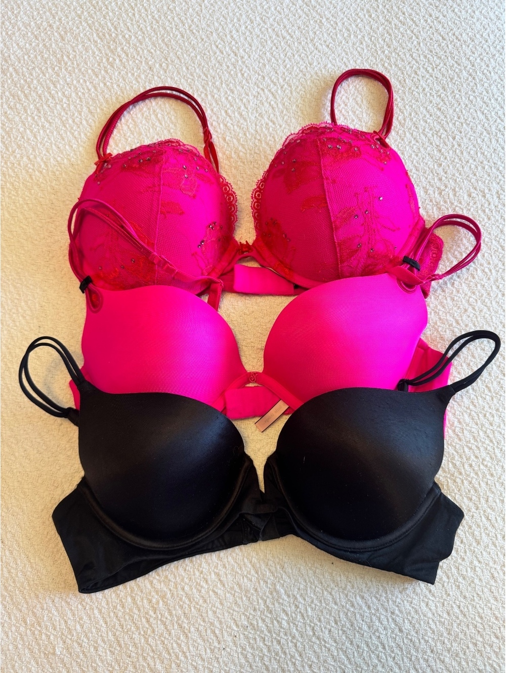 Victoria's Secret Bra Set - Pink Embroidered, Hot Pink, and Black T-Shirt Bras